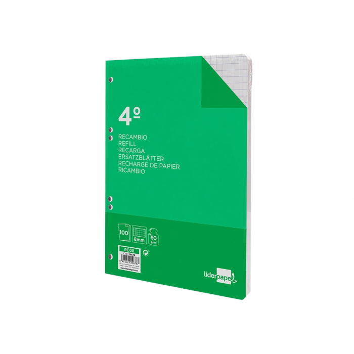 Liderpapel Recambio Cuarto 100 Hojas 60gr Cuadro 8mm Con Margen 6 Taladros 2