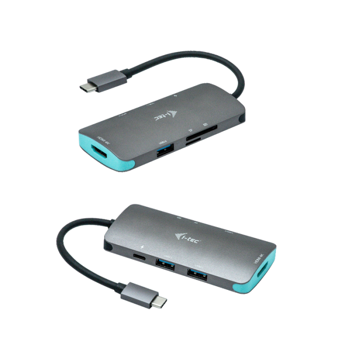 i-tec USB-C NANODOCK 4K HDMI PD, Hub USB 3.2 Gen 1 Type-C con Power Delivery 100W y Lector de Tarjetas SD/MicroSD, Plata/Turquesa