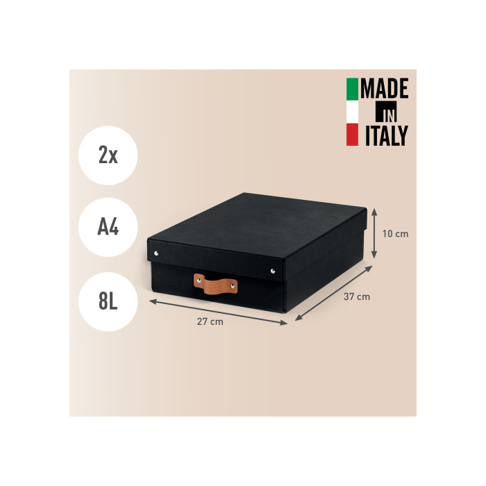 Leitz 61480095 - Pack 2 Cajas de Almacenamiento de Cartón Medianas Bajas A4, 8L, con Tapa, Asas, Color Negro 2 Leitz 61480095 - Pack 2 Cajas de Almacenamiento de Cartón Medianas Bajas A4, 8L, con Tapa, Asas, Color Negro 2