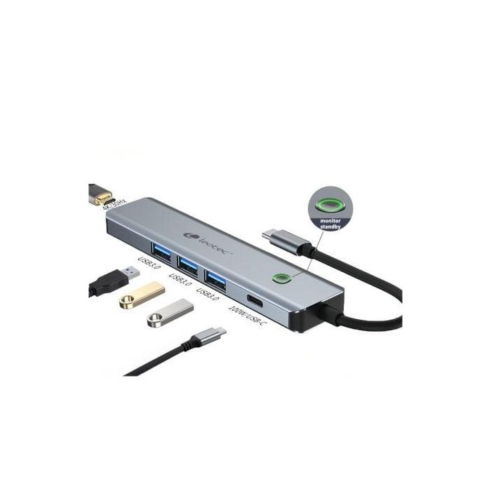LEOTEC LEDS05 Docking Station USB-C 5 en 1 Base Portátil con Replicador de Puertos HDMI 4K, 3x USB 3.0, Carga PD 100W, Aluminio Gris 1