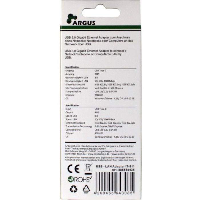 Inter-Tech ARGUS IT-811 Adaptador USB-C a Gigabit Lan RJ45 1000 MBit/s Negro 3 Inter-Tech ARGUS IT-811 Adaptador USB-C a Gigabit Lan RJ45 1000 MBit/s Negro 3