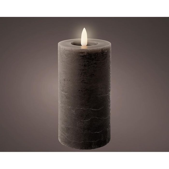 Lumineo Vela LED de Cera Gris Rústica con Efecto Llama, Luz Fija Blanca Cálida, Temporizador 6h, Ø7x15cm, Interior