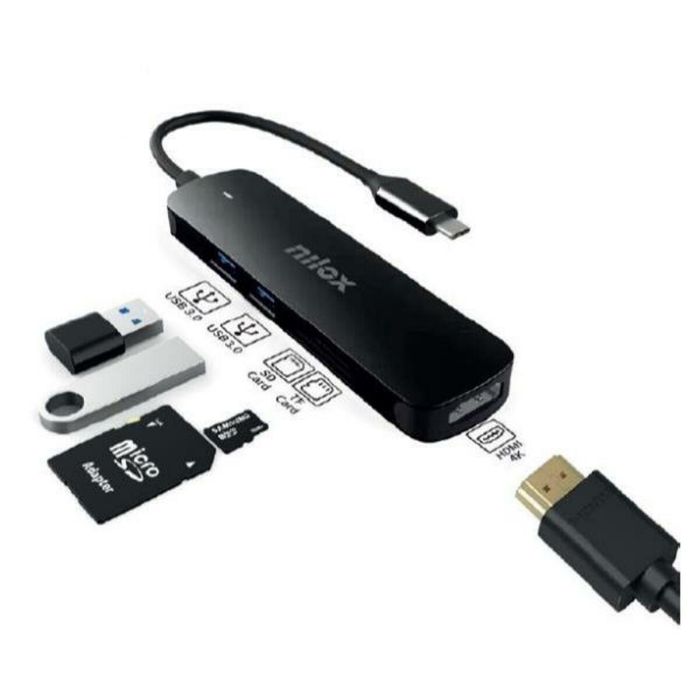 Nilox NXDSUSBC05 Dock Station 5 en 1 USB-C con HDMI 4K, 2 USB 3.0, Lector de Tarjetas SD y Micro SD, Negro 1
