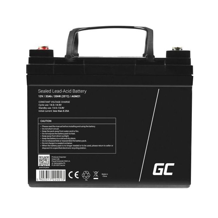 Green Cell AGM21 Batería de Reemplazo Sellada VRLA 12V 33Ah Negro para Ciclismo Profundo 5 Años de Vida Útil 3
