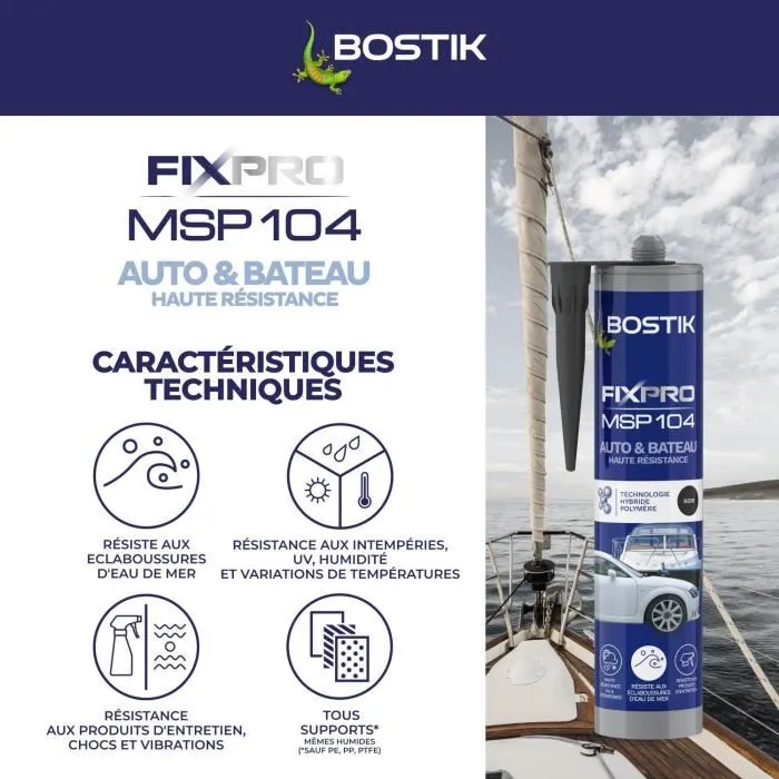 Bostik MSP 104 Sellador Adhesivo para Automoción y Náutica, Resistente a la Intemperie y Agua de Mar, Negro, 290 ml 1