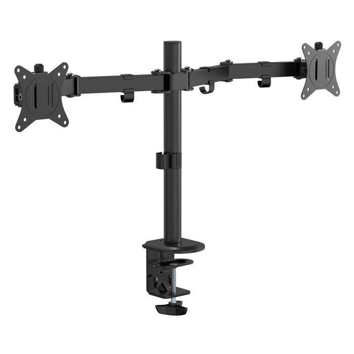 eSTUFF Soporte de escritorio doble para monitor ergonómico, inclinable, giratorio, con ajuste de altura, VESA, gestión de cables 4