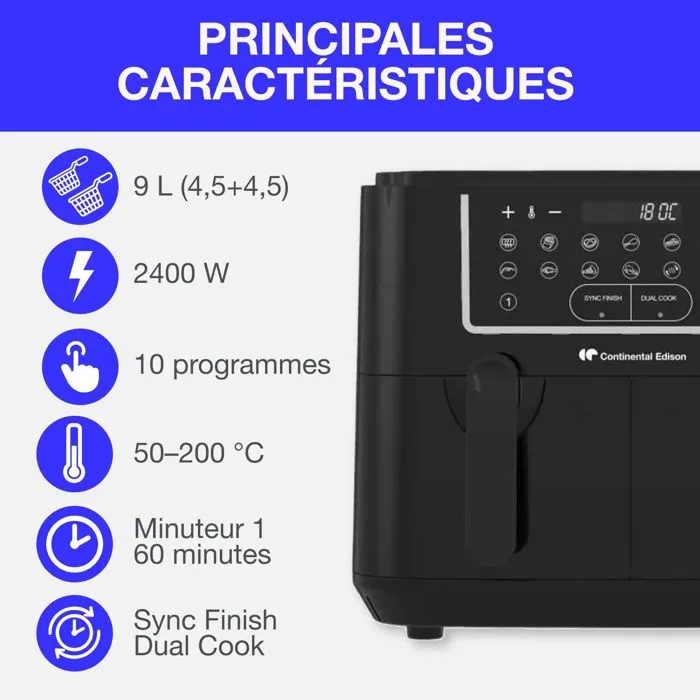 Continental Edison Freidora de aire sin aceite RFRSH24002CB, 9 L, Bandejas dobles, 2400W, Negra 1 Continental Edison Freidora de aire sin aceite RFRSH24002CB, 9 L, Bandejas dobles, 2400W, Negra 1
