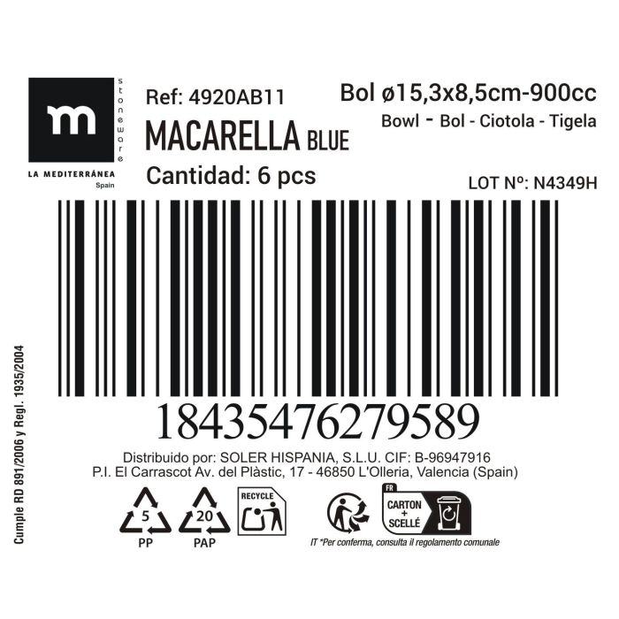 Bol Macarella Blue 900 ml - Inde (24 Unidades) 1 Bol Macarella Blue 900 ml - Inde (24 Unidades) 1