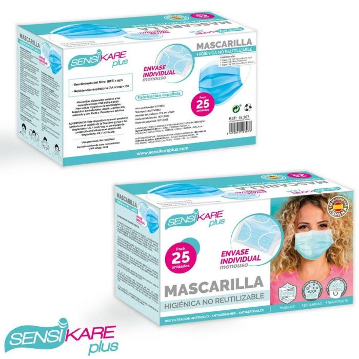 Caja de mascarillas higiénicas SensiKare 25 Piezas (12 Unidades) 2 Caja de mascarillas higiénicas SensiKare 25 Piezas (12 Unidades) 2