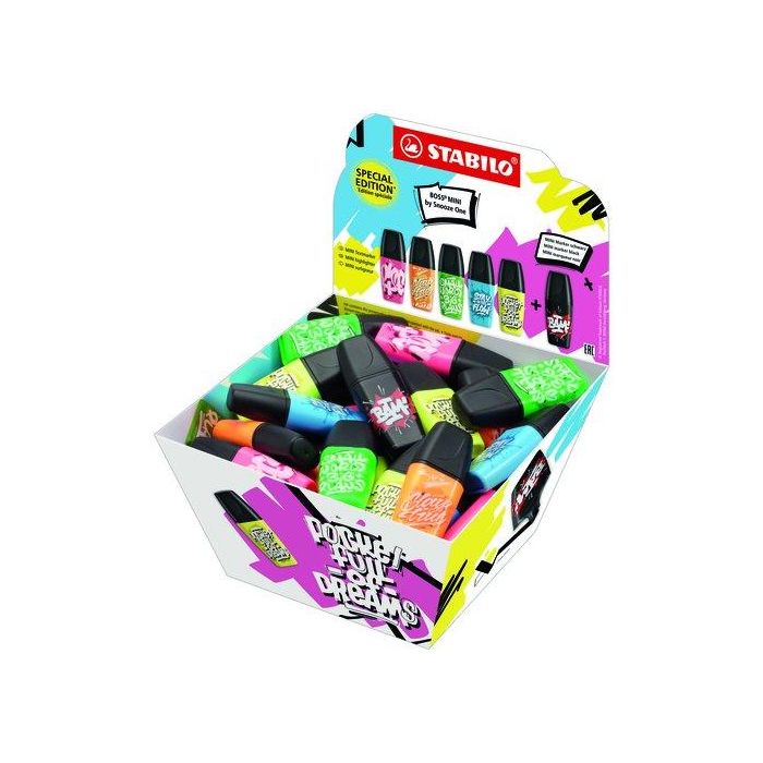 Stabilo Boss Mini fluorescente by Snooze One, expositor bombonera de 50 unidades, colores surtidos, 2/5 mm