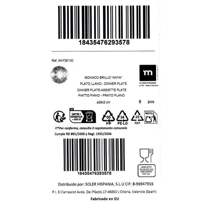 La Mediterranea Plato Llano Anya Monaco Brillo Ø26 cm (6 Unidades) 1
