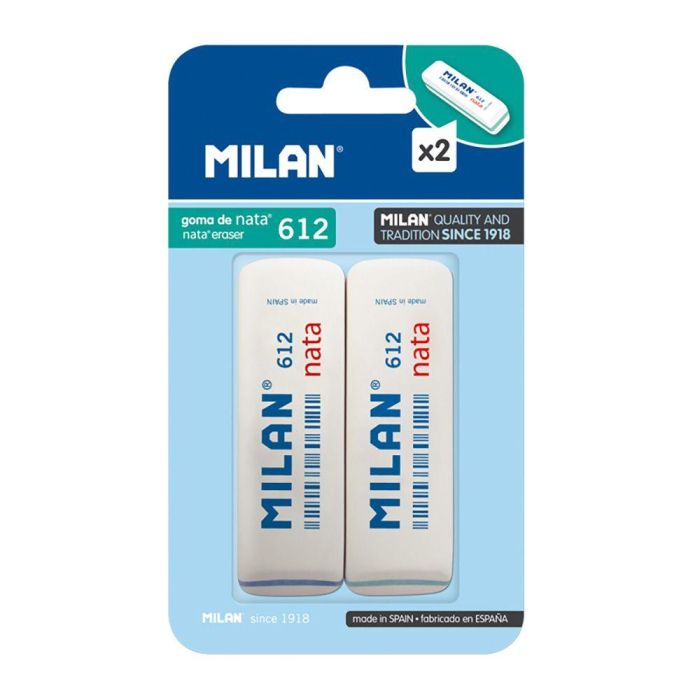 Milán Goma de Borrar Nata 612 Blanca, Blister 2 Unidades, Suave y Versátil, No Daña el Papel, Medidas 7.8x2.3x1.2cm Milán Goma de Borrar Nata 612 Blanca, Blister 2 Unidades, Suave y Versátil, No Daña el Papel, Medidas 7.8x2.3x1.2cm