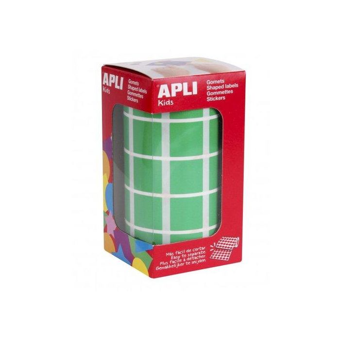 Apli Gomets Cuadrados 20 mm Verde - Rollo 1770 Unidades, Adhesivo Permanente, Ideal para Escuelas y Talleres
