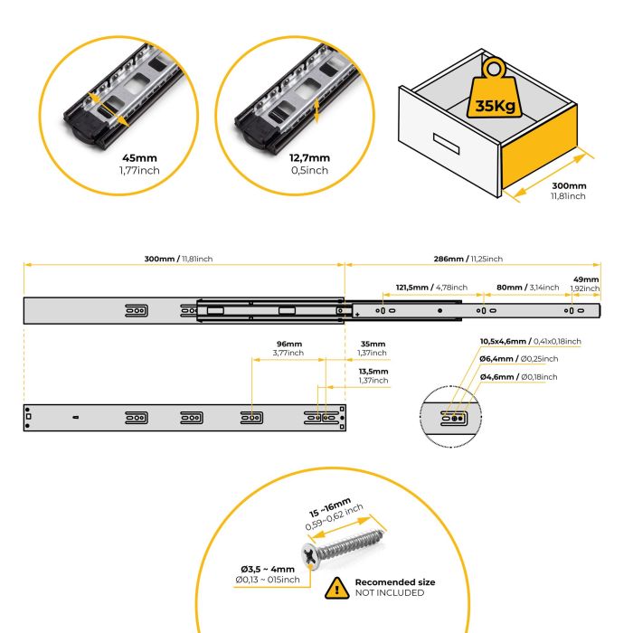 Emuca Lote de 5 juegos de guías para cajones, de bolas, altura 45mm, profundidad 300mm, extracción total, cierre suave, Negro 11 Emuca Lote de 5 juegos de guías para cajones, de bolas, altura 45mm, profundidad 300mm, extracción total, cierre suave, Negro 11