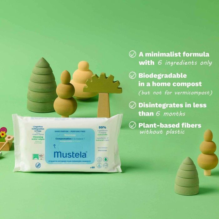 Mustela Bebé-Niño Toallitas al Agua sin Perfume Compostables Piel Sensible, 99% Origen Natural, 60 u 1