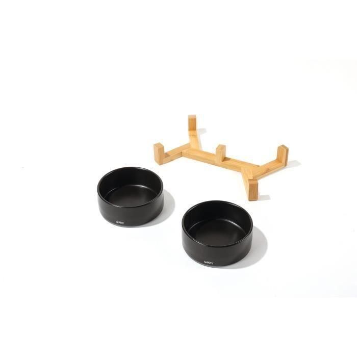 Cuencos de cerámica con soporte de bambú 2x350 ml - Mpets - OPERA - Negro 1