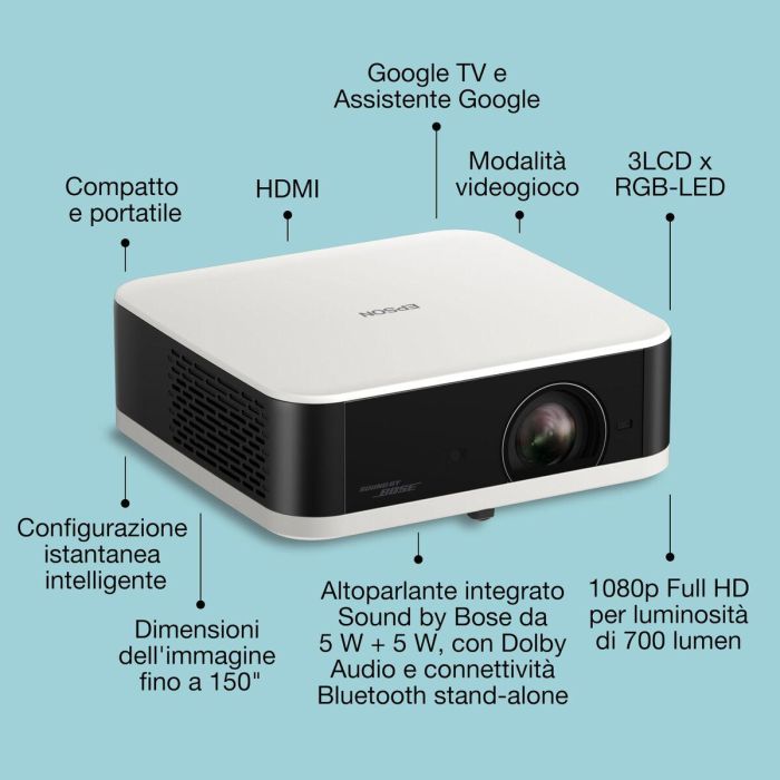 Epson EF-61W Proyector 3LCD Láser, 700 Lúmenes, Resolución Full HD 1080p (1920x1080), Relación 16:9, 5.000.000:1, WiFi, Bluetooth, V11HB72040