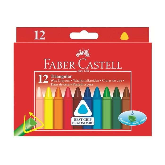FABER-CASTELL 120010 Ceras de cera triangulares, estuche de cartón de 12 unidades, Multicolor, para niños a partir de 3 años