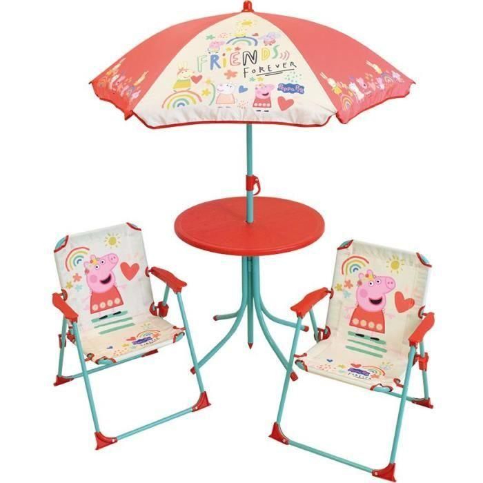FUN HOUSE Peppa Pig Muebles de jardín - 1 mesa H.46xø46cm, 2 sillas H.53xW.38.5xD.37.5 cm y 1 sombrilla H.125 x ø100 cm - Para niños FUN HOUSE Peppa Pig Muebles de jardín - 1 mesa H.46xø46cm, 2 sillas H.53xW.38.5xD.37.5 cm y 1 sombrilla H.125 x ø100 cm - Para niños