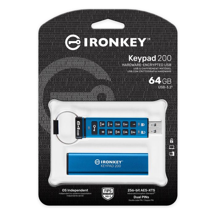 Kingston IronKey Keypad 200 USB 3.2 Gen 1 - Llavero USB seguro de 64 GB, FIPS 140-3, AES-256, IP68, Azul