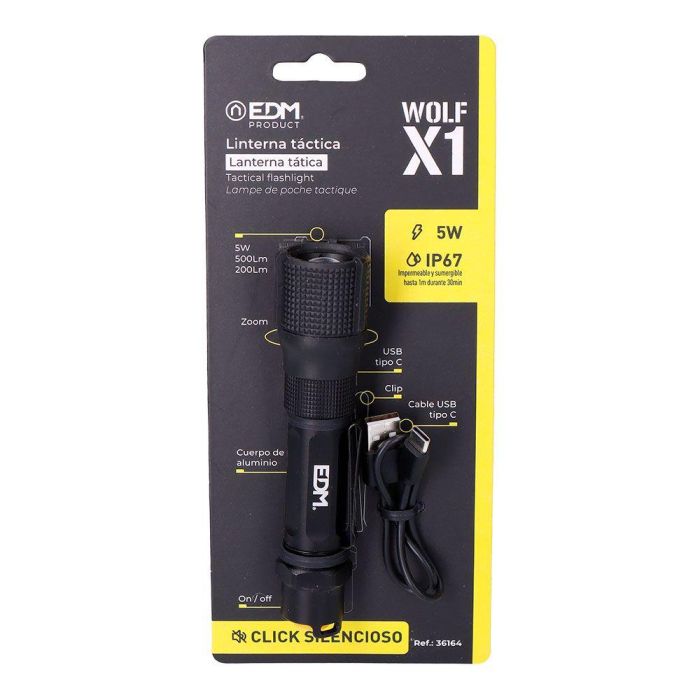 Edm Linterna Táctica X1 Recargable 550 Lm / 200 Lm IP67 Zoom 5W Aluminio Sumergible USB-C Ø3.2 x 13.9 cm 5