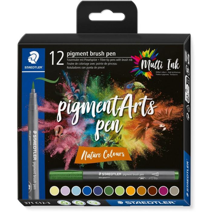 Rotulador Fibra Staedtler Pigment Arts Pen Punta Pincel Colores Naturaleza Estuche De 12