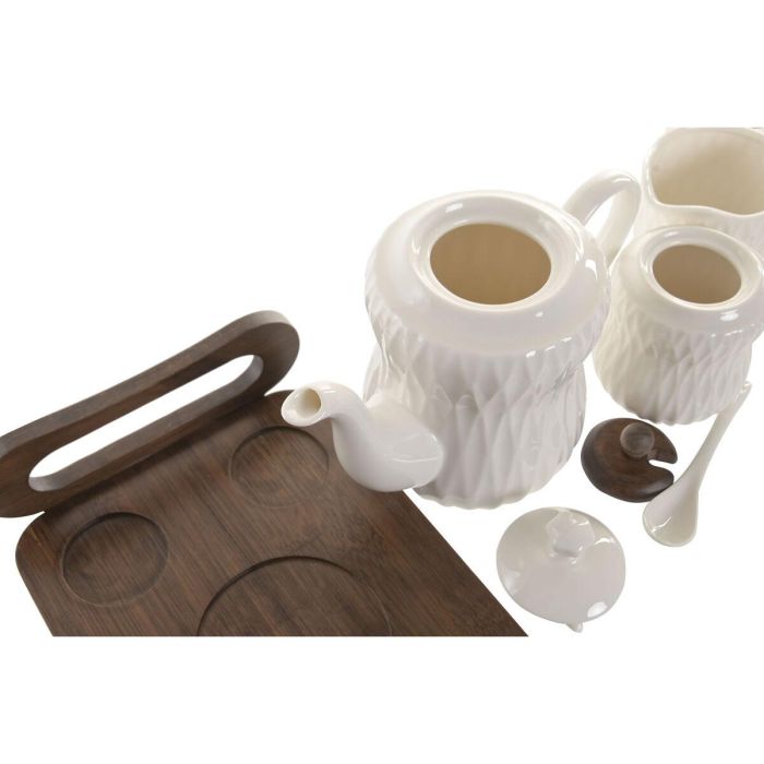DKD Home Decor Tazas de Café Porcelana Bambú Blanco Marrón Oscuro 20 x 19 x 28 cm Set de 6 1