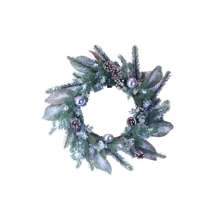 DKD Home Decor Corona de Navidad Alpina Nevado Verde Marrón PVC | 50 cm Diámetro | 10 cm Profundidad
