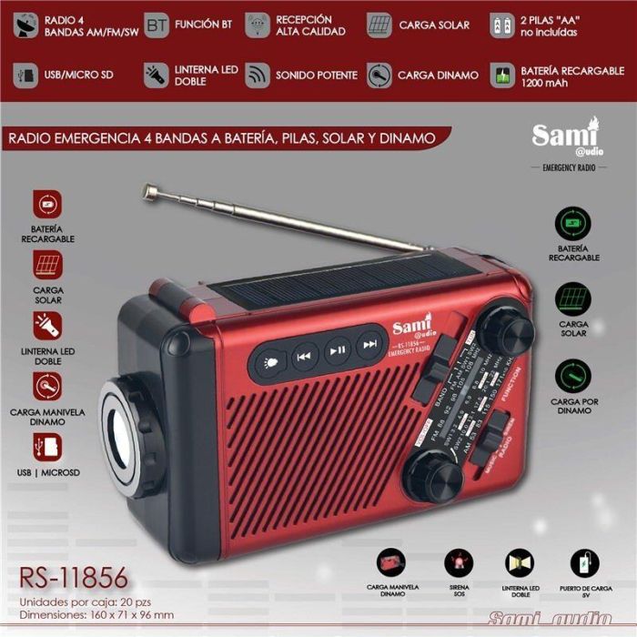 SAMI Radio de Emergencia Multimedia 4 Bandas con Batería/Solar - Radio Sami Emergencia multimedia 4 bandas bat/sola