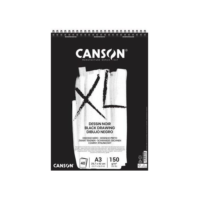 Bloc De Dibujo Canson Xl Black Drawing Con Espiral Doble Grano Fino Y Grueso A3 150G 40H 5 unidades