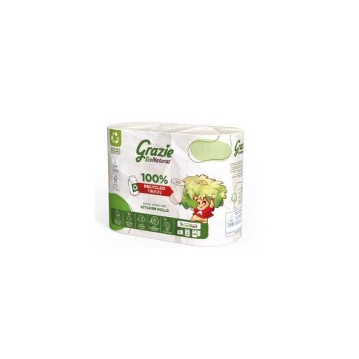 Grazie Natural Papel de Cocina Doble Capa 100% Orgánico EcoNatural Absorbente 2 Rollos Certificado Ecolabel y FSC