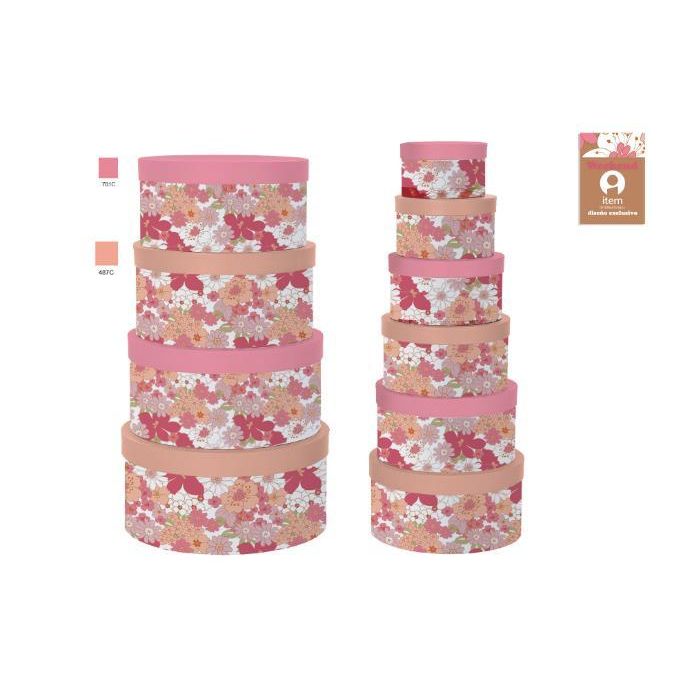 DKD Home Decor Caja Shabby de Cartón Set de 10 Colección Hippie Weekend Fucsia Melocotón Blanco con Rayas y Lunares 37.5x37.5x18 cm