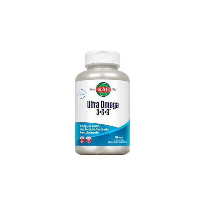 KAL Ultra Omega 3 6 9: Ácidos Grasos Esenciales, Aceite de Pescado, Lino, Borraja - 100 Perlas