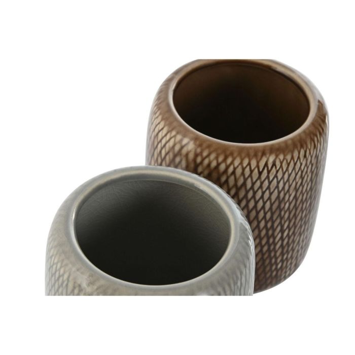 Vaso Home ESPRIT Marrón Gris Gres 8,5 x 8,5 x 10 cm (2 Unidades) 1
