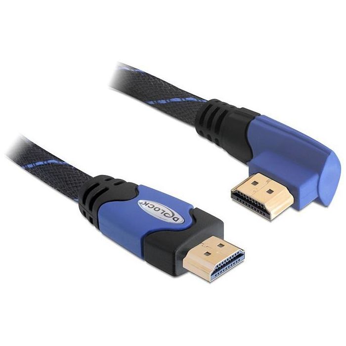 DeLOCK Cable HDMI High Speed 1.4 A-A Macho/Macho, 2m, Angular Izquierdo, Negro/Azul, 4096x2160, 3D
