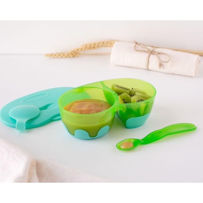 Cuenco Doble Antideslizante Con Tapa Y Cuchara En Azul Y Verde Cuenco Doble Antideslizante Con Tapa Y Cuchara En Azul Y Verde