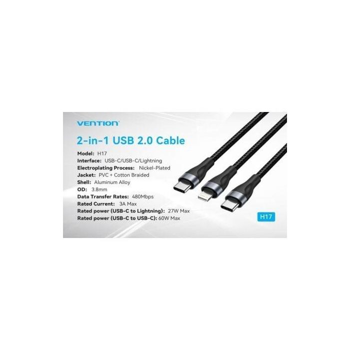 Cable USB Tipo-C Vention H17BAV/ USB Tipo-C Macho - Lightning Macho/ USB Tipo-C Macho/ 60W/ 480Mbps/ 1.2m/ Negro 2