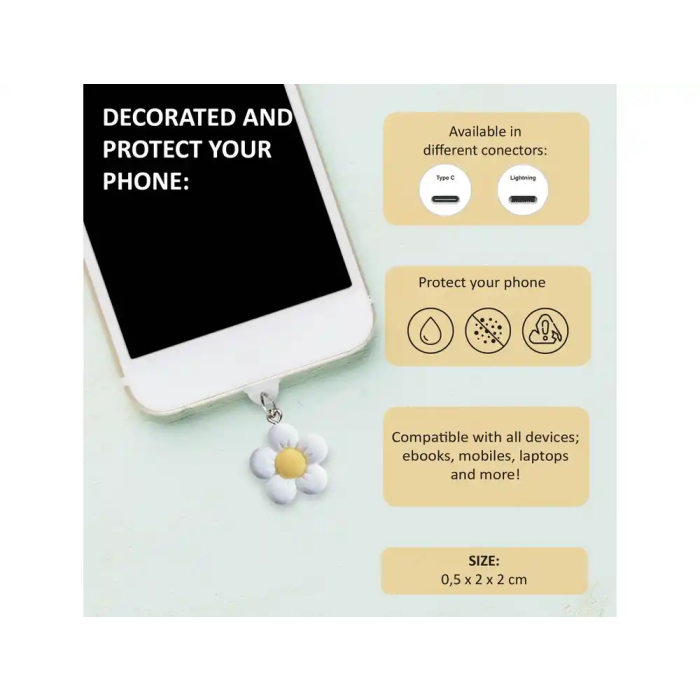 Wondee Charm Funny Protegepuertos Móvil con Colgante Floral Blanco para Tipo-C - Protección Contra Polvo y Decoración para Smartphone