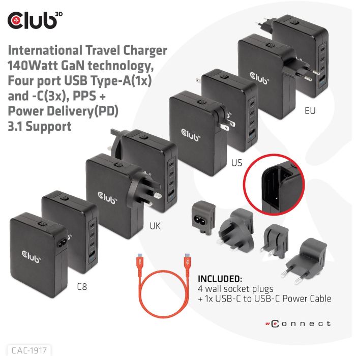 Club3D Ladegerät 3xUSB Typ C. 1xUSB Typ A. PD 140W. GaN retail 7
