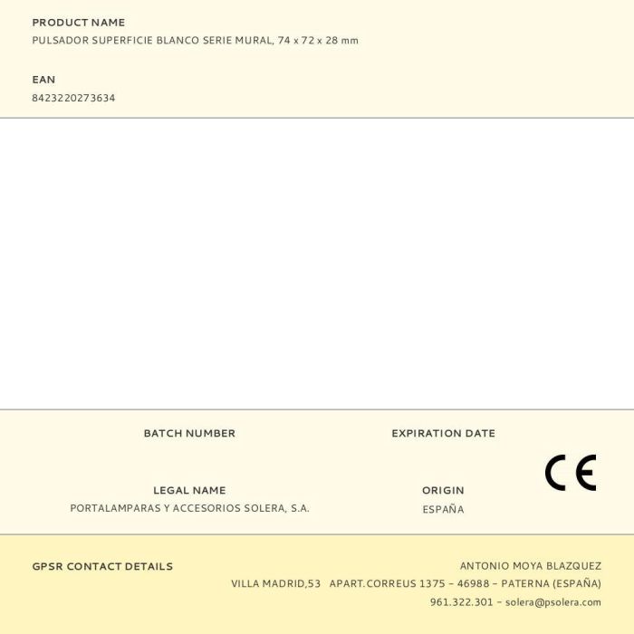 Solera Pulsador Superficie Blanco Serie Mural 10A 250V~ Embornamiento Tornillo Polipropileno 74x72x28 mm 1