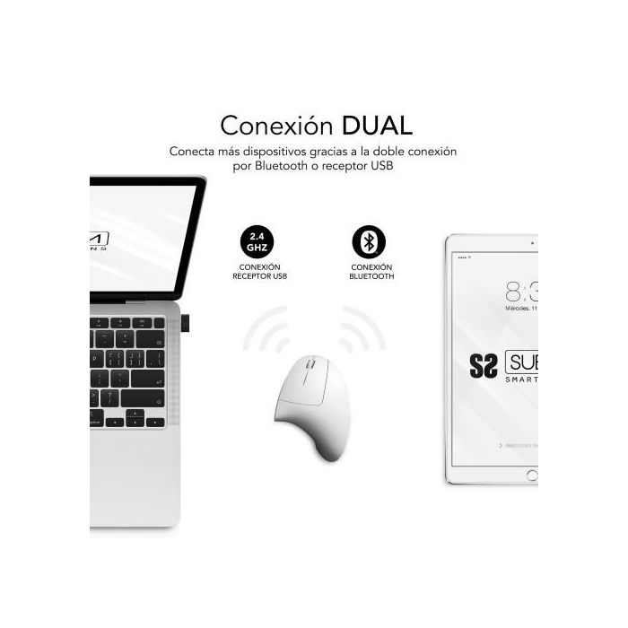 Ratón Ergonómico Inalámbrico por Bluetooth/ 2.4GHz Subblim Glide Vertical Ergo Dual Battery/ Batería Recargable/ Hasta 1600 DPI/ Blanco 1