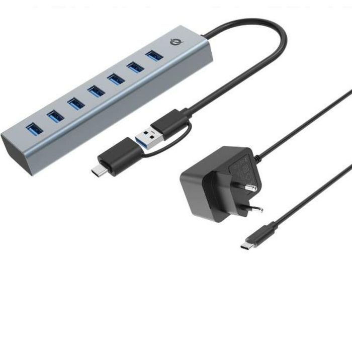 Conceptronic HUBBIES21GP Hub USB 3.2 Gen 1 (5 Gbps) de 7 Puertos USB-A con Conexión USB-C, Color Gris