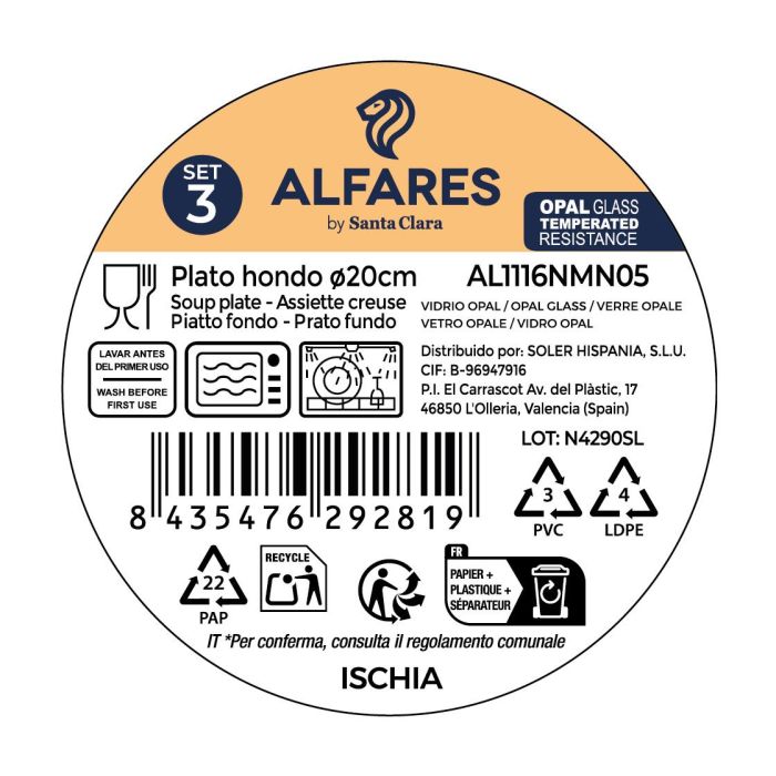 Inde Set de 3 Platos Hondos Ischia Red.Opal, Negro, 20.3 cm de Diámetro x 4 cm de Altura, Porcelana (4 Cajas) Inde Set de 3 Platos Hondos Ischia Red.Opal, Negro, 20.3 cm de Diámetro x 4 cm de Altura, Porcelana (4 Cajas)
