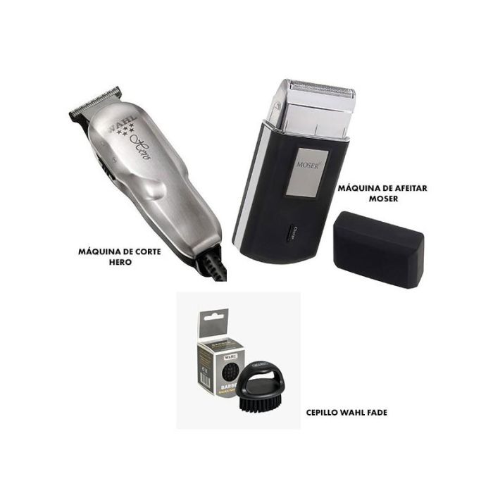 Wahl PROMO HERO: Máquina de Corte Wahl Hero, Máquina de Afeitar Moser y Cepillo Wahl Fade Nudillo