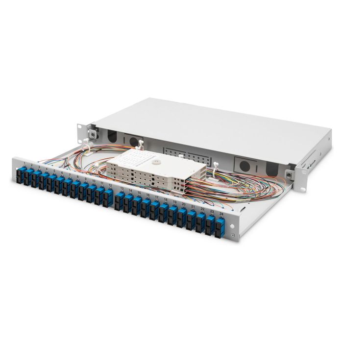 Digitus LWL Caja de empalme de fibra óptica 1HE equipada 24x SC duplex OS2, gris, acero, referencia: Spleißbox 1 Digitus LWL Caja de empalme de fibra óptica 1HE equipada 24x SC duplex OS2, gris, acero, referencia: Spleißbox 1