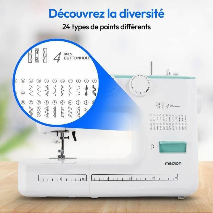 Medion MED4061275230901 Máquina de coser SM 60, 62W de potencia, 24 tipos de puntadas y puntadas dobles, 700 rpm, luz LED, color Turquesa 3