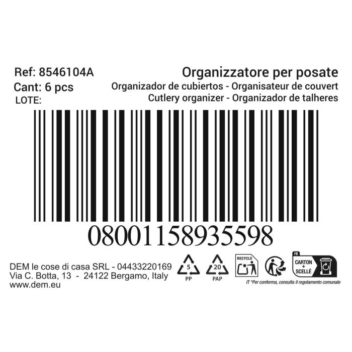 Inde Organizador De Cubiertos 5 Divisiones Blanco 25.9 cm x 4.7 cm x 33 cm (6 Unidades)