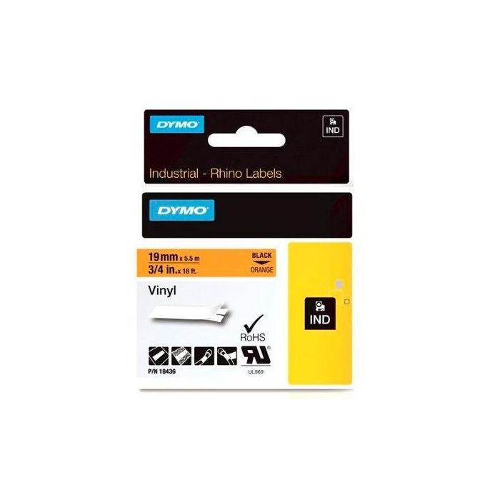 Dymo S0718500 Cinta de Etiquetas Industrial Adhesiva Negro Sobre Naranja, Vinilo, 19 mm x 5.5 m