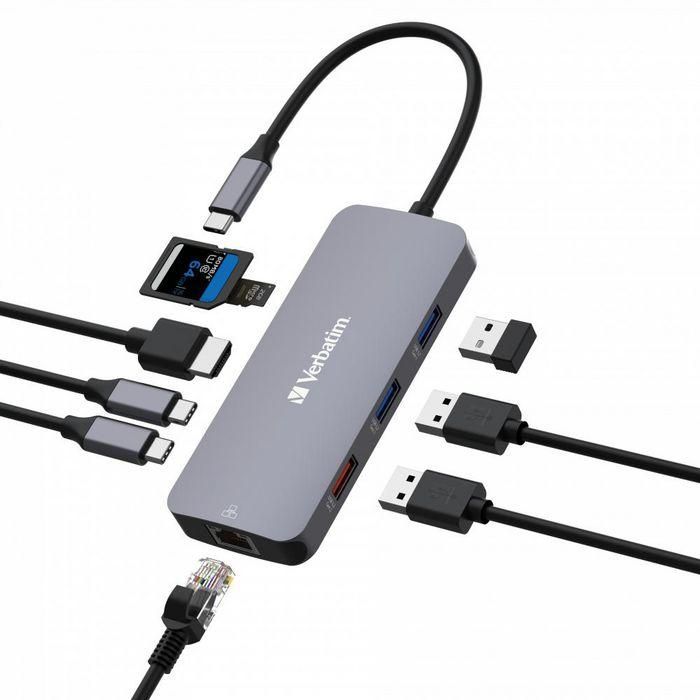 Verbatim 1 x HDMI, 4K 60Hz, 1 x RJ45, up to 1Gb/s, 2 x USB-C 3.2 Gen2, 10Gb/s, 1 x USB-A 3.2 Gen2, 10Gb/s, 2 x USB-A 3.2 Gen1, 5Gb/s, 1 x SD 3.0, 1 x microSD 3.0, 121mm x 49mm x 15.5mm 2 Verbatim 1 x HDMI, 4K 60Hz, 1 x RJ45, up to 1Gb/s, 2 x USB-C 3.2 Gen2, 10Gb/s, 1 x USB-A 3.2 Gen2, 10Gb/s, 2 x USB-A 3.2 Gen1, 5Gb/s, 1 x SD 3.0, 1 x microSD 3.0, 121mm x 49mm x 15.5mm 2