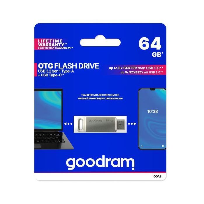 Goodram Memoria USB 64GB ODA3 Silver USB 3.2 Gen 1 Tipo C y Tipo A Plata 2